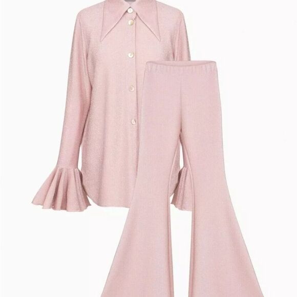 Sleeper Cosmos Lounge Suit M Top and S Pants Flared Pink Glitter Shimmer $350 - Picture 9 of 15